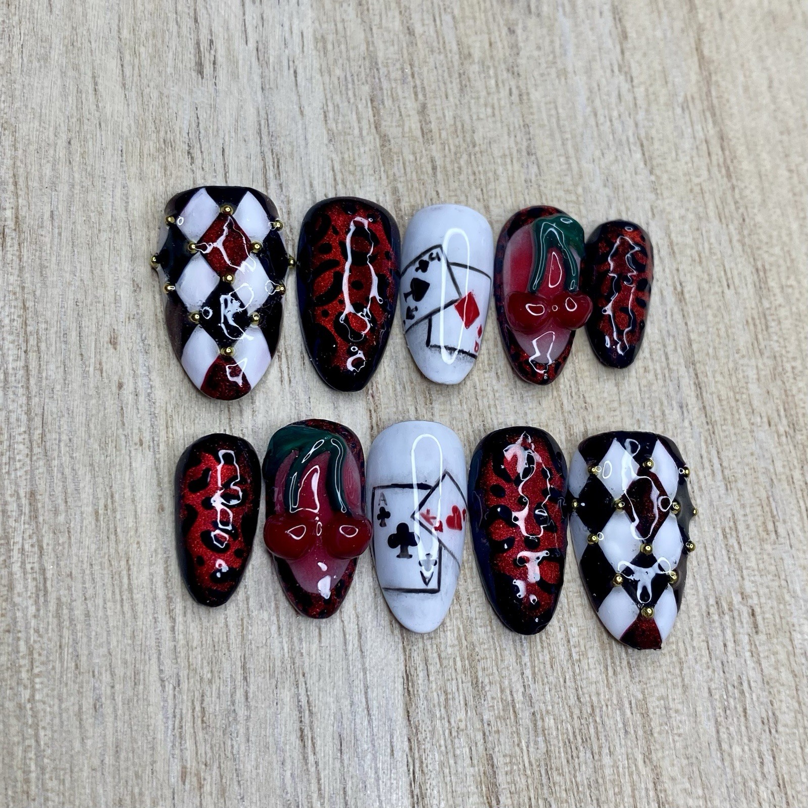 Red Black White Cherry 3D Press-On Nails | Acrylic Full Cover Long Almond