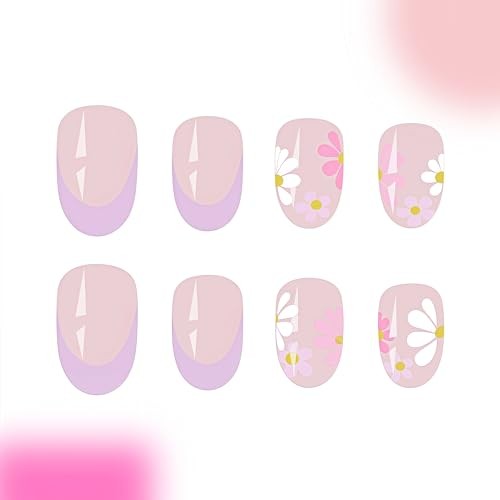24Pcs Press on Nails Short Almond French Colorful Purple French Tip Daisy
