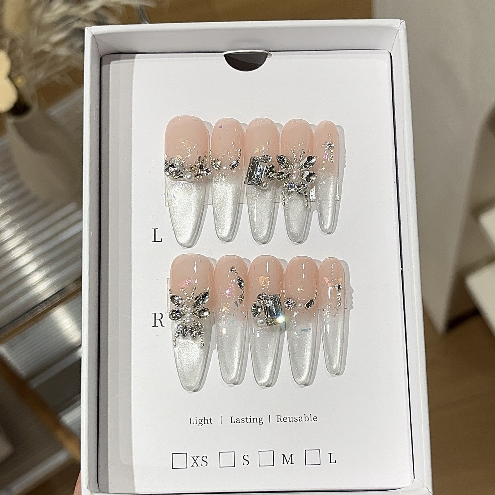 10Pcs Handmade Opal Cat Eye Press On Nails K9 Rhinestone Elegant Daily Wear