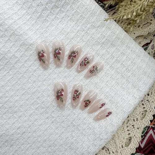 24 Pcs Almond Press on Nails French Tip RIICFDD Medium Fake Nails Nude Style 23