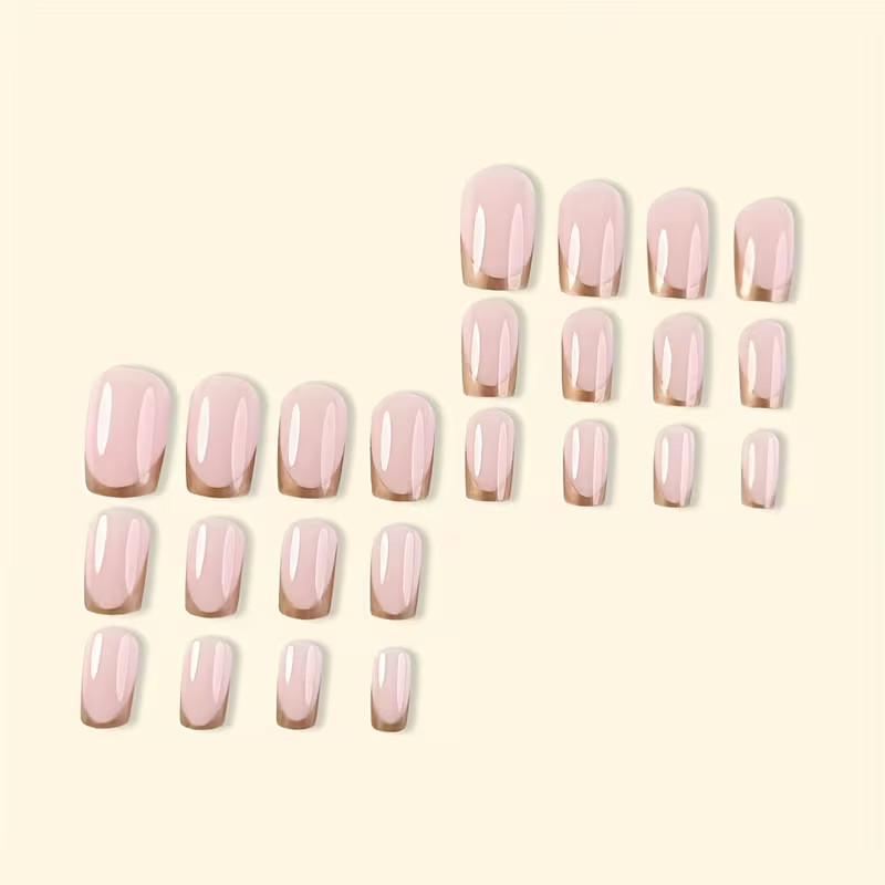 24pcs Short Square Press-On Nails, Golden French Tip Glossy, Parties, Events