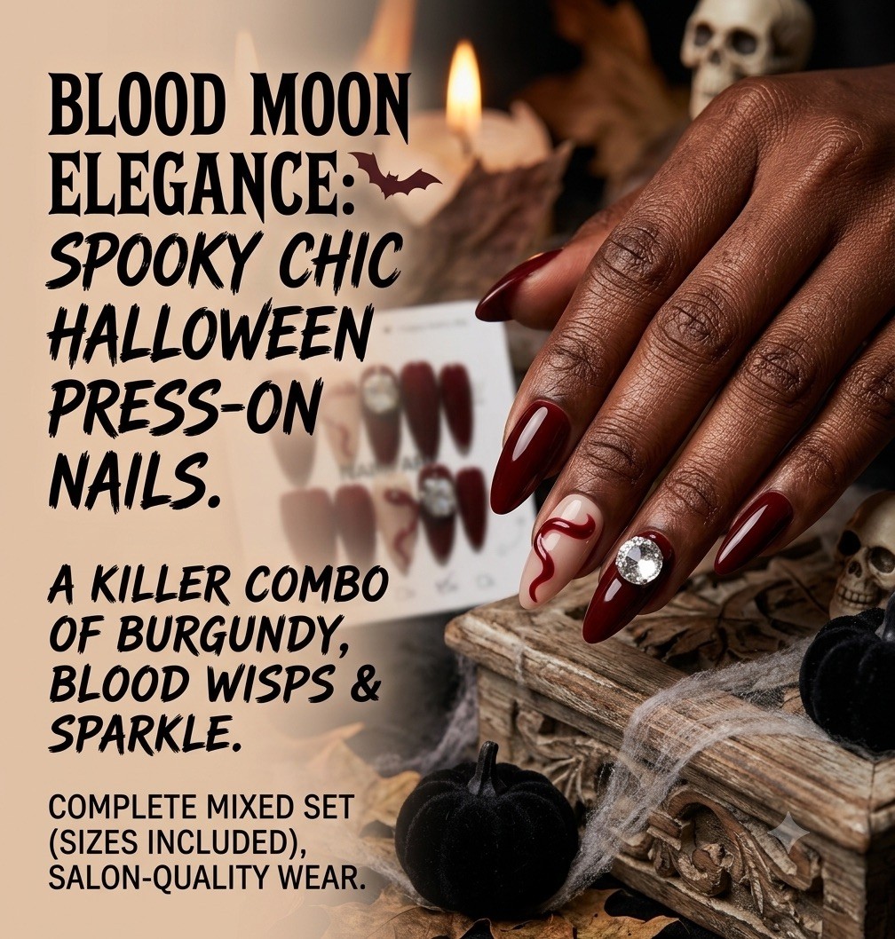 ⁠Dark Red Blood Press On Nails Halloween Glam Rhinestone Accent Long Stiletto⁠ M