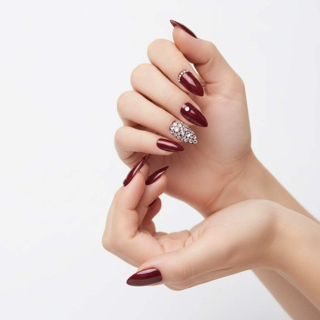 Burgundy Red 3D Crystals Almond Stiletto Long Rhinestones False Press On Nails