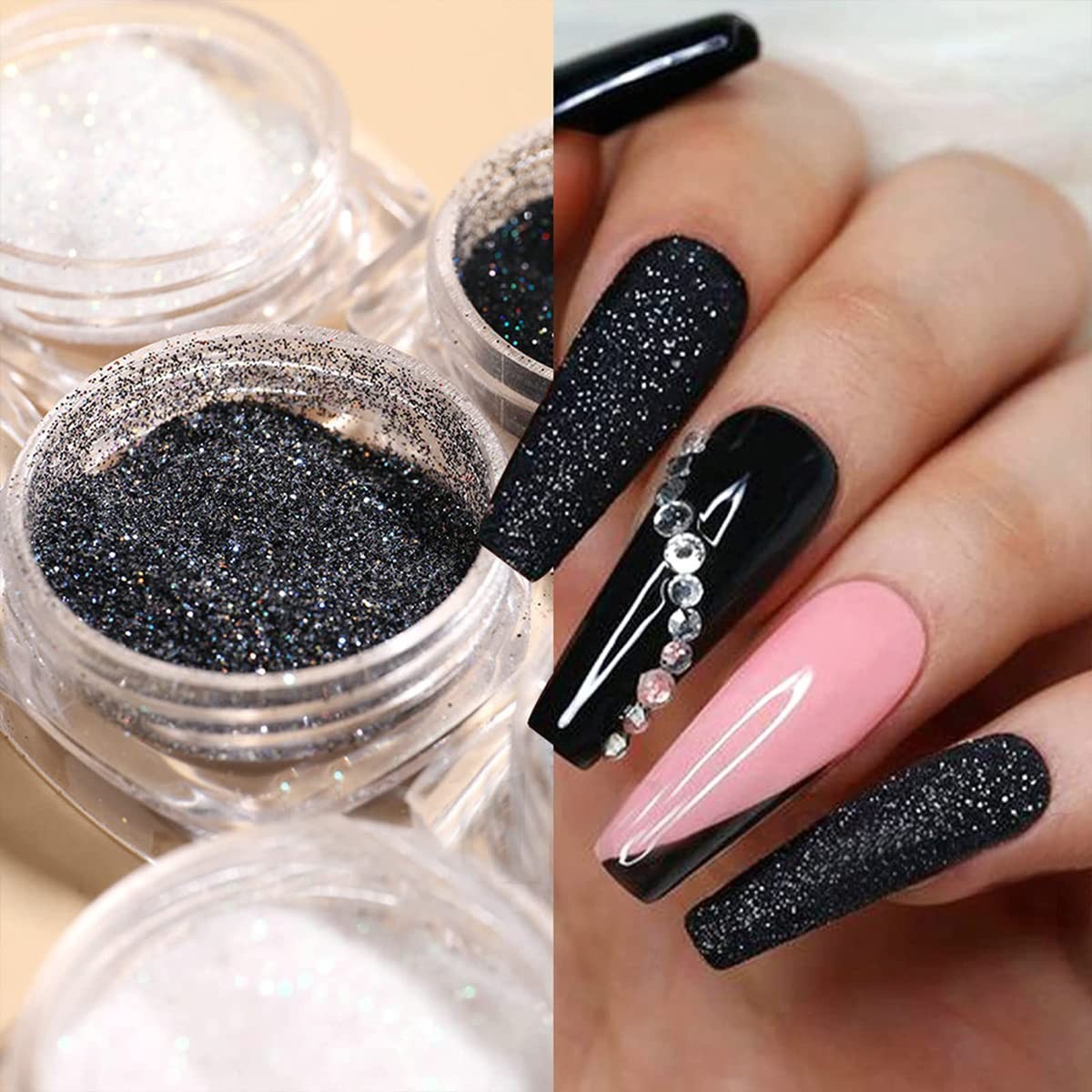 6 Jars Nail Glitter Powder Black White Sliver Dust Sugar Powder, Superfine Fr…
