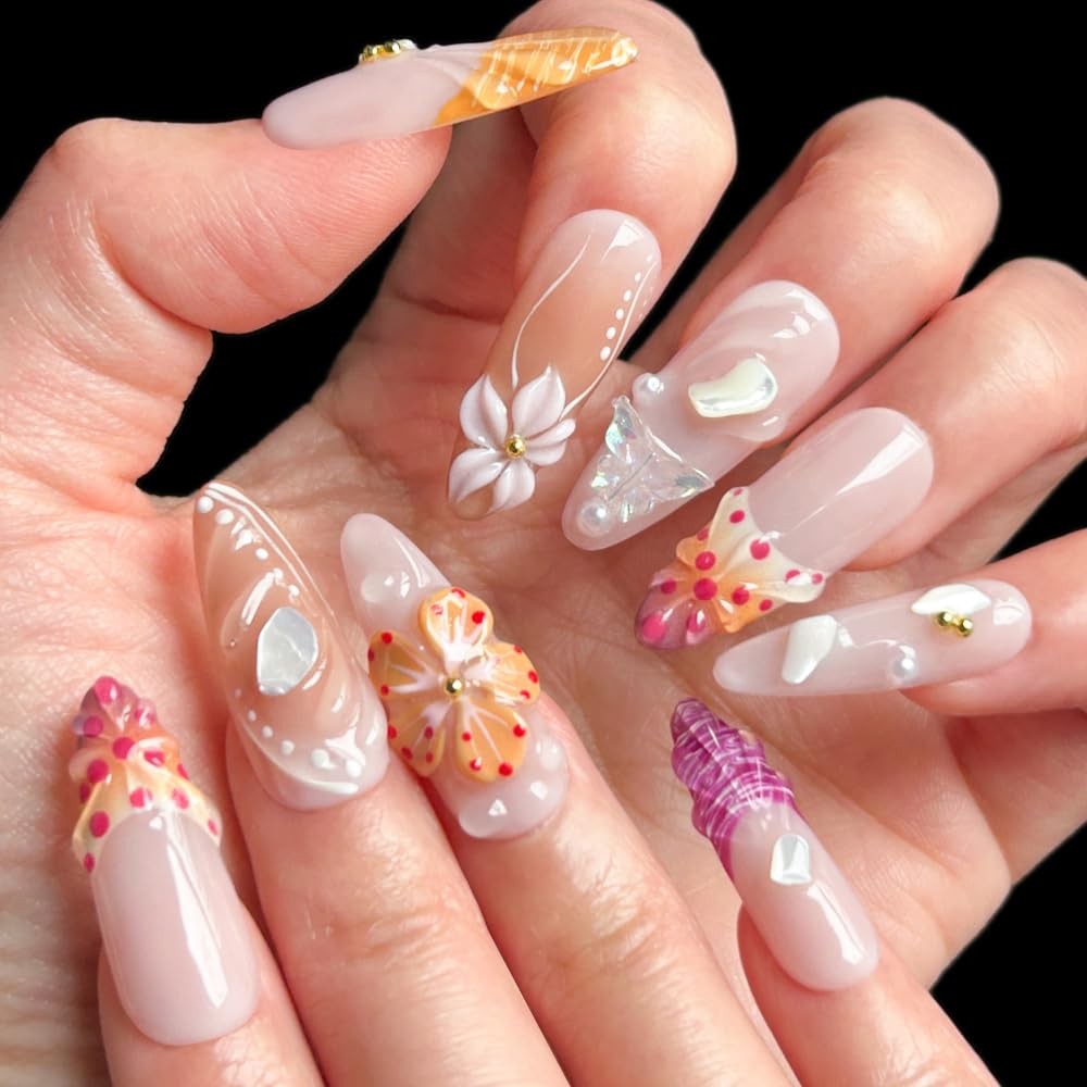 MAGLFELL Press on Nails – Handemade Long Almond Fake Nails, Unique 3D Glossy …