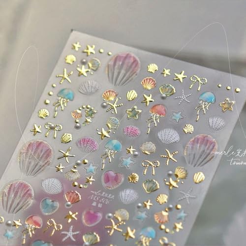 2Pcs Summer Nail Stickers for Nails Art,Extra Shiny shell starfish gold silver
