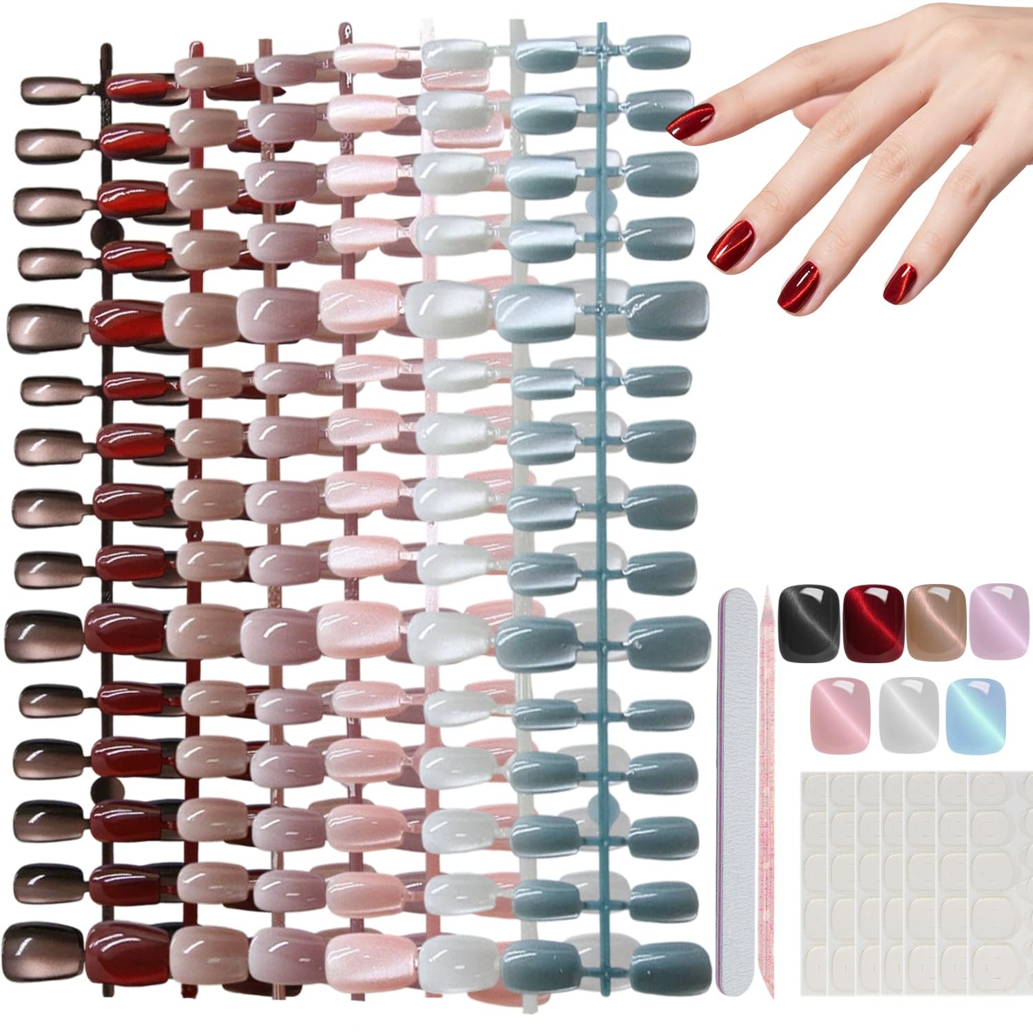 Cat Eye Press on Nails-7 Colors Press On Nails Short Square 210Pcs Reusable F…
