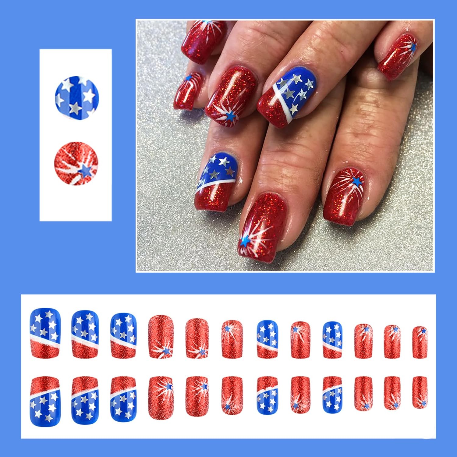 24pcs 4th of July Press on Nails Short Square Independence Day Fireworks Fake…