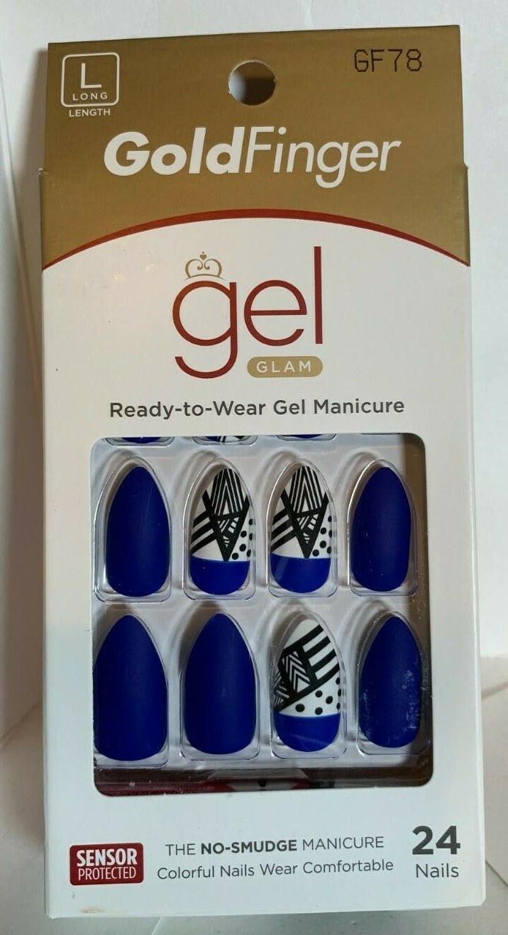 Gold Finger Nails Manicure Long Blue with black and white accents almond