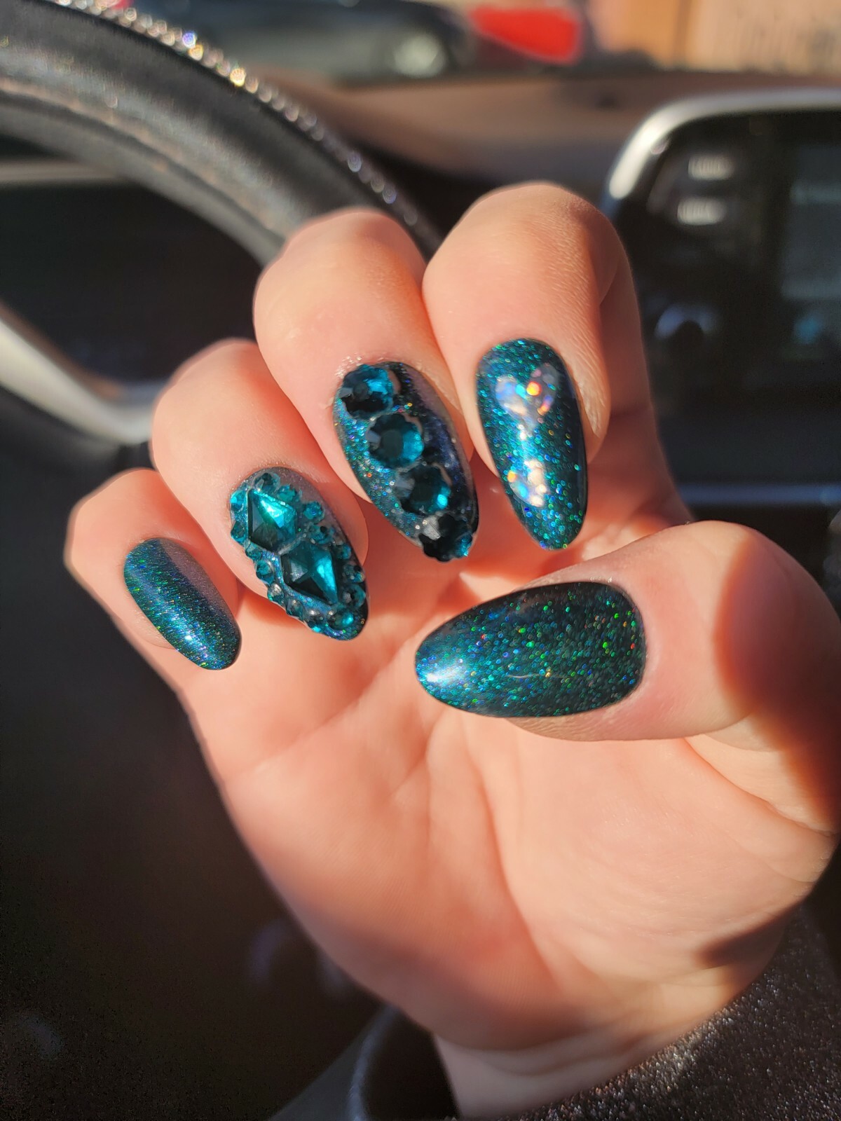 Dark green teal nails bling medium natural oval press on nails apres tips hearts