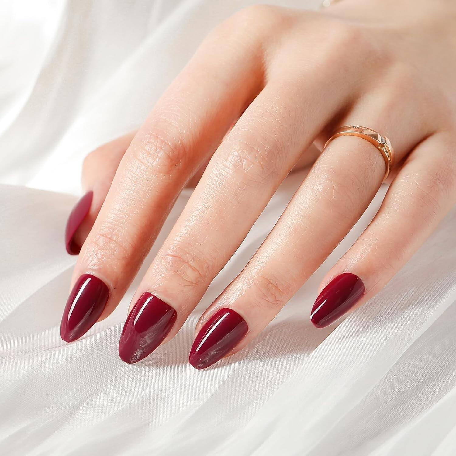 Press on Nails-Dark Red 32 Pcs Press on Nails Almond Press On Nails Short Reusab