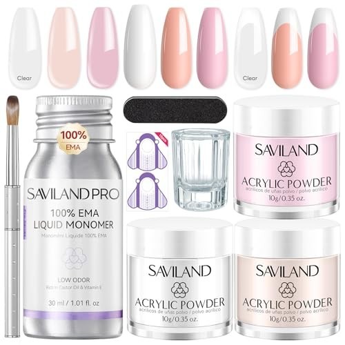 Acrylic Nail Kit for Beginners – Clear Pink Nude Powder, Liquid, Brush & Tools f