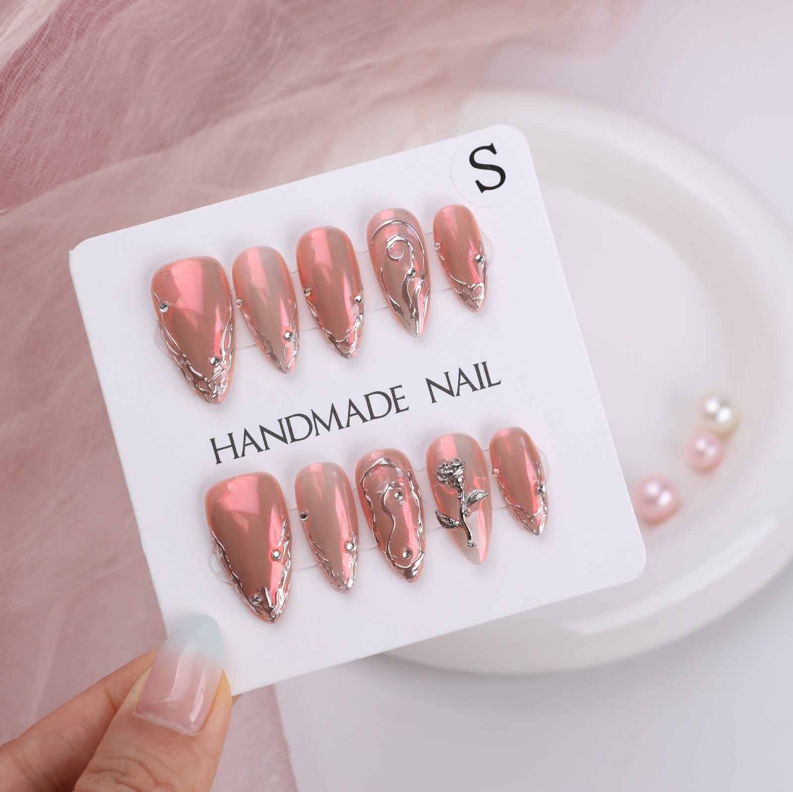 Handmade Chrome Pink Press On Nails Medium Almond 3D Metal Rose Y2K Punk Glam