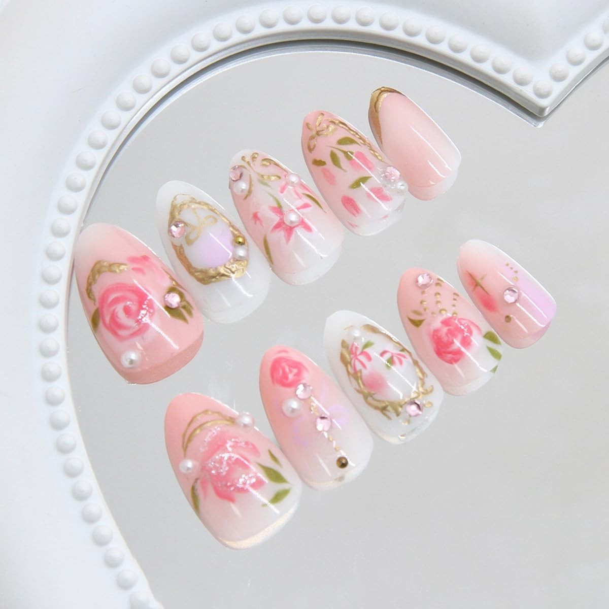 24Pcs Pink Press on Nails Short Almond Fake Nails with 3D pink floral charms