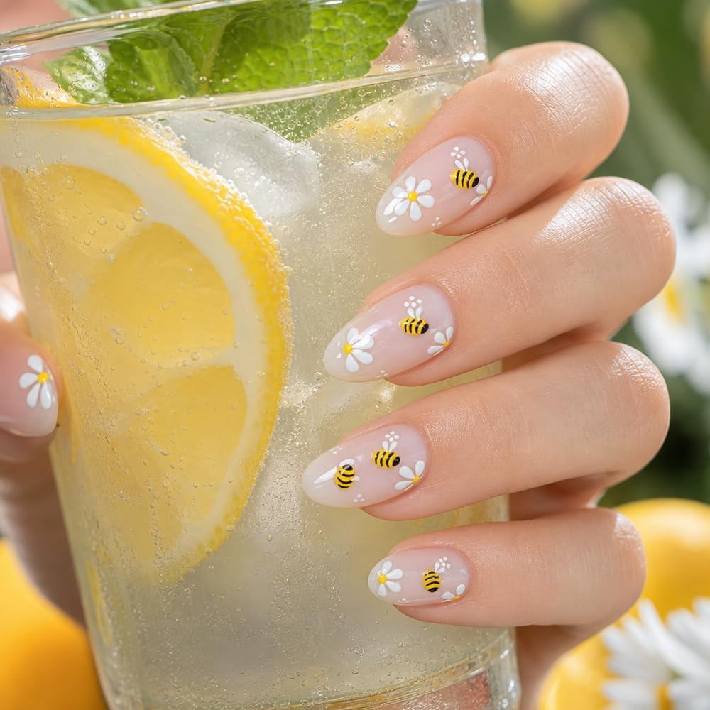 4Pcs Daisy Bee 5D Embossed Nail Art Stickers | Floral White Petal, Textured Mani