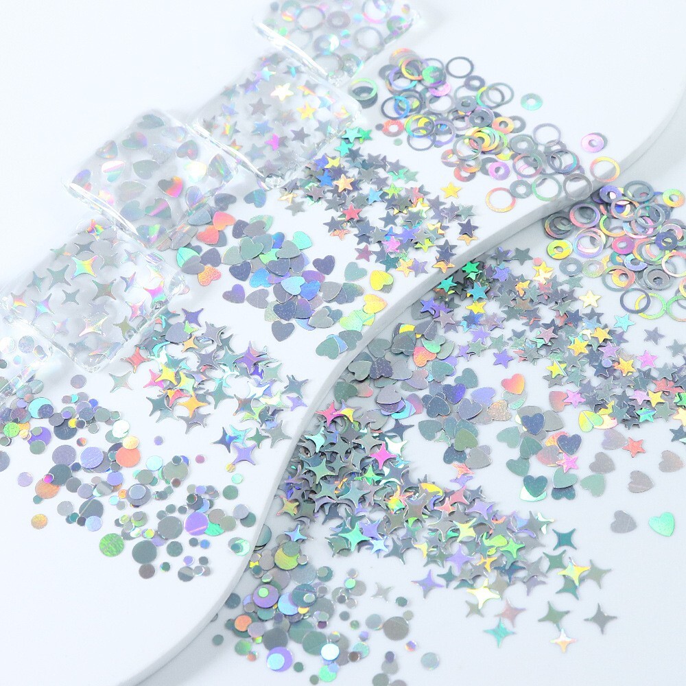 12 Grids Mixed Nail Art Sequins Laser Silver Love Star Glitter Flakes For DIY