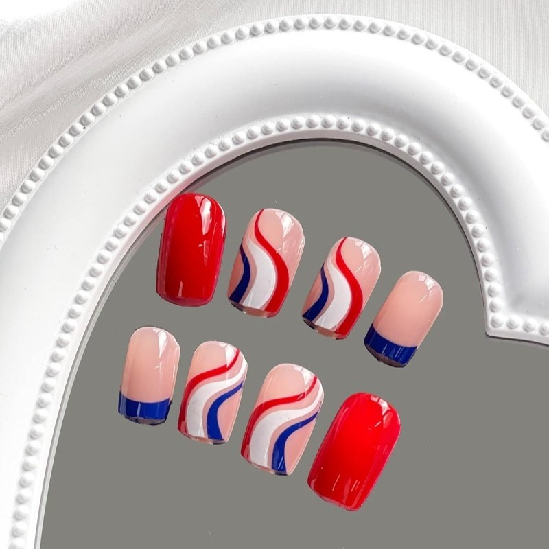 48Pcs-Short Square Press on Nails Red White Blue Swirl French Patriotic Nails