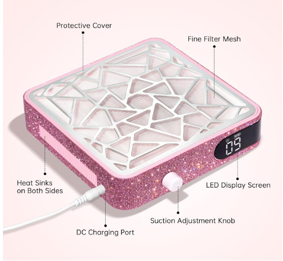Aspirador de polvo para uñas acrílicas, potente succión profesional, diseño rosa