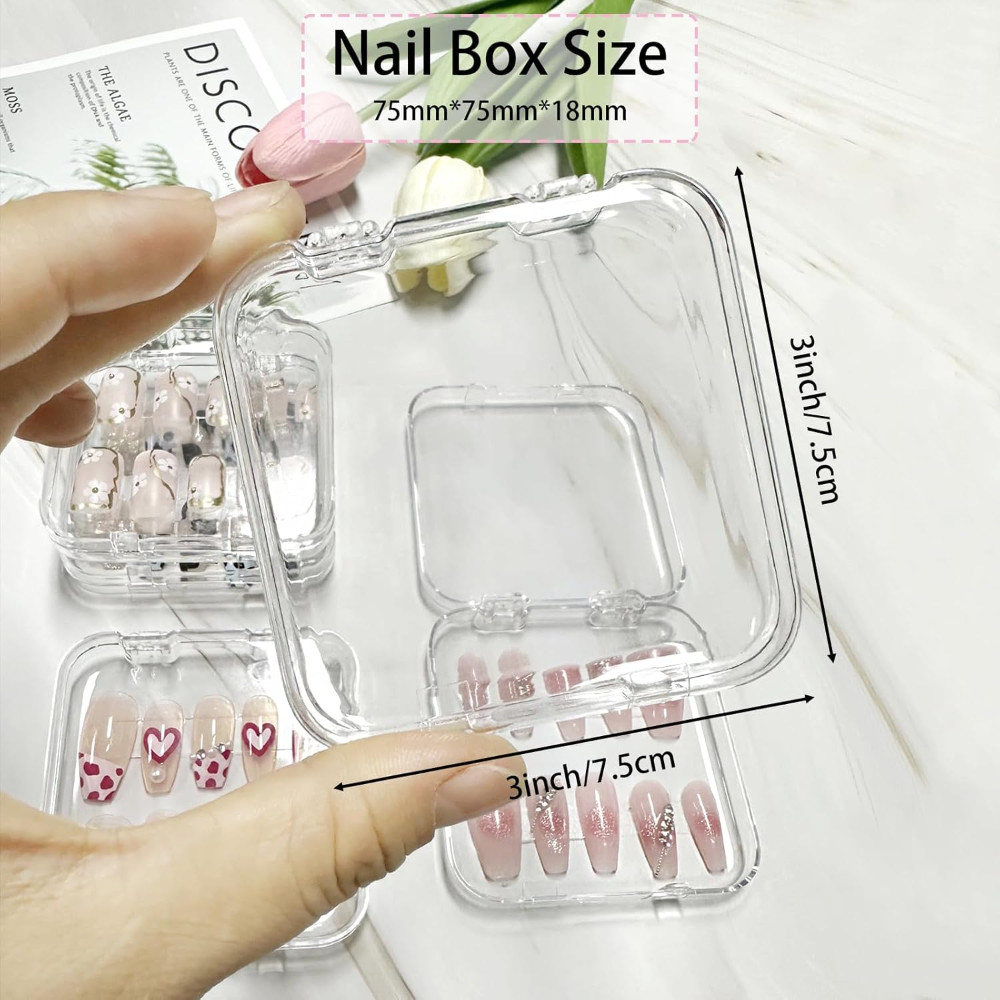 24PCS Nail Art Press On Tips Storage Empty Box Case，60pcs Double-sided tape
