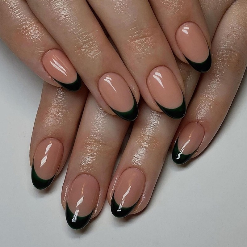 Green Black Press On Nail French Tip Almond False Nail Glues on Nail for Womens