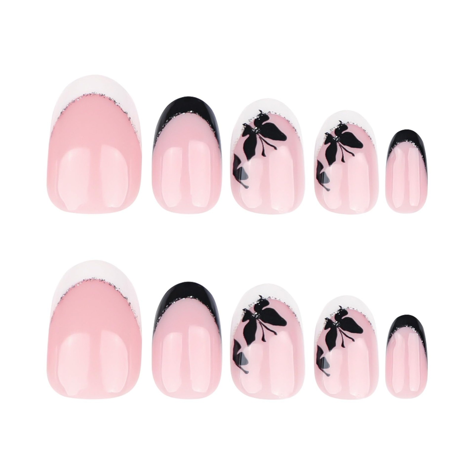 French Tip Press on Nails Short Oval Fake Nails with White Black colour62