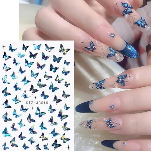 Butterfly Nail Art Stickers, Blue Purple Pink, 6 Sheets with Nail Tweezers,