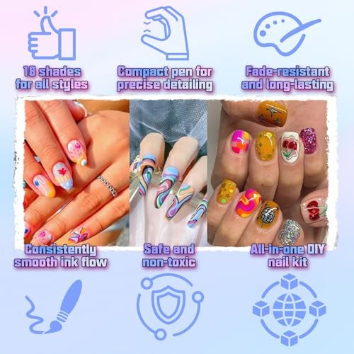 18 Colors Nail Art Pens Set, 3D Gel Nail Polish Pen Water-based Multi-colored