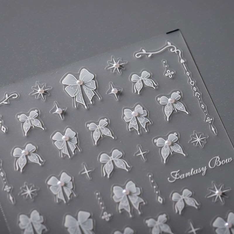 1 Sheet Lace Pearl Bow Nail Art Sticker 5D Embossed White Lace Pearl Bow Nail St