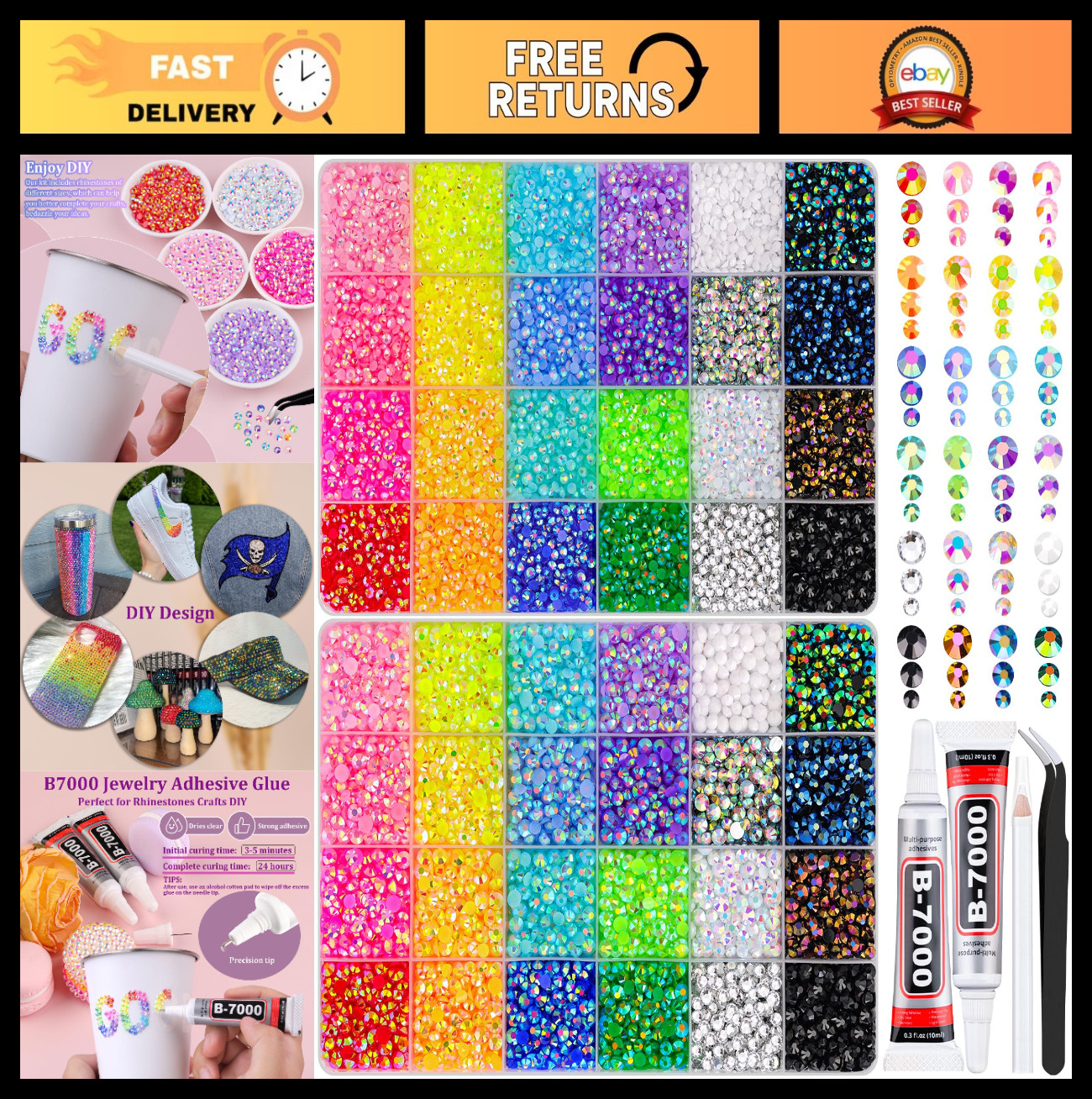 22000Pcs Multicolor Flatback Rhinestones & B7000 Glue for DIY Crafts, Nail Art