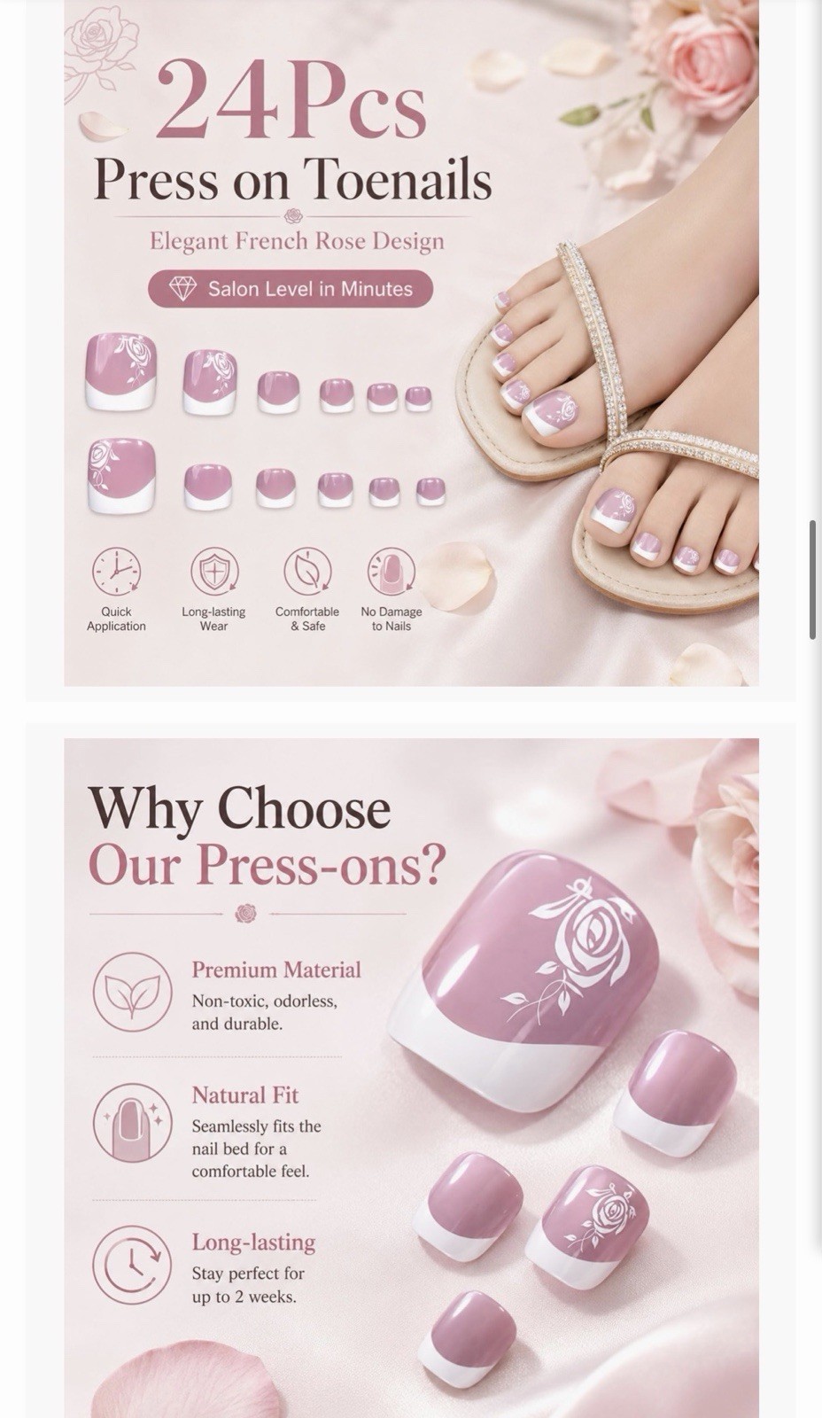 YWCYSP 24pcs Acrylic Press-On Toenails French Rose Pink/White Short Square DSLY