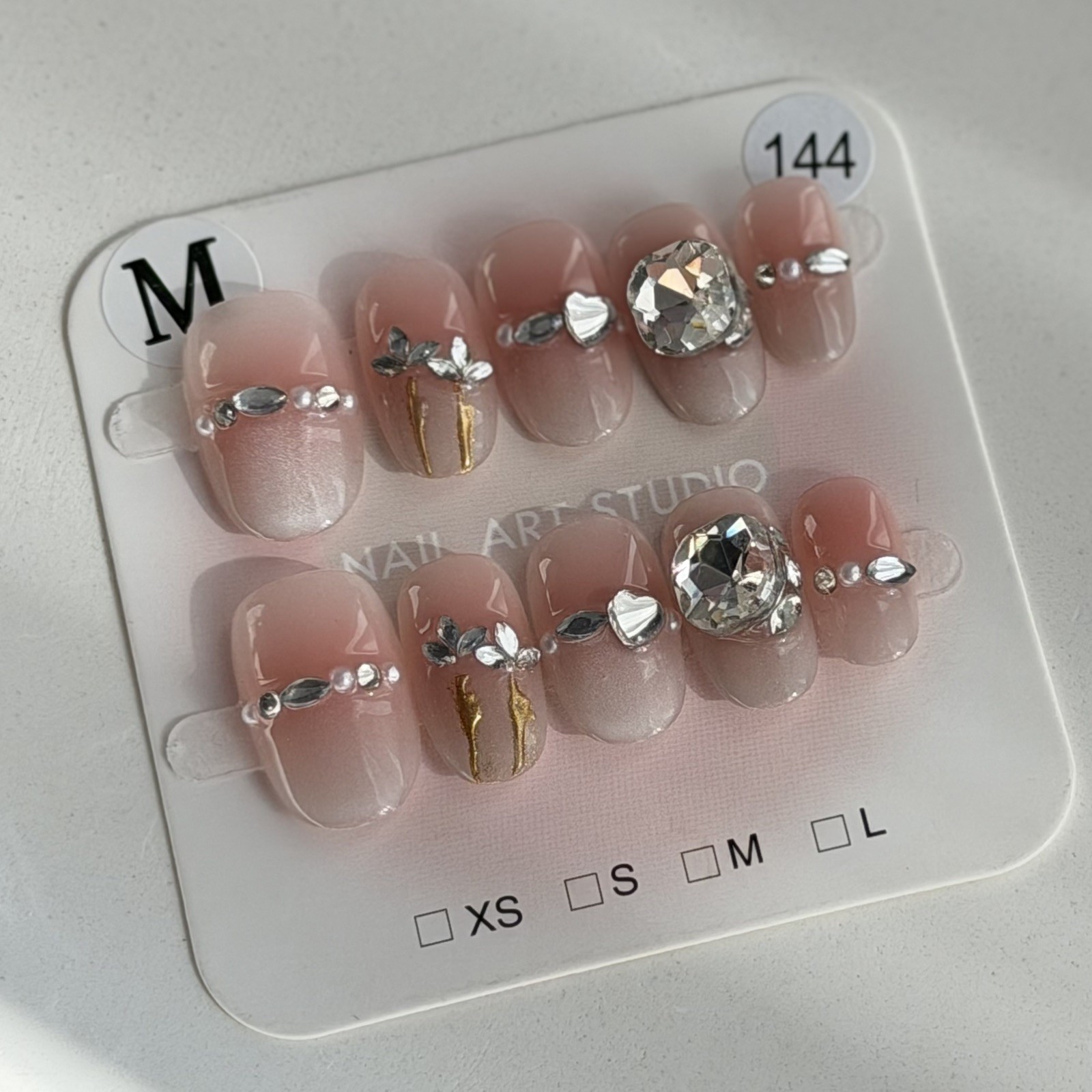 Handmade Pink Nude Flower Rhinestone Short Oval Press-On Nails Size M Reusable