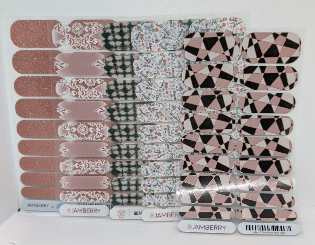 Jamberry Nail Wraps Full Sheets – Green Pink Beige Blush Design Lot of 5