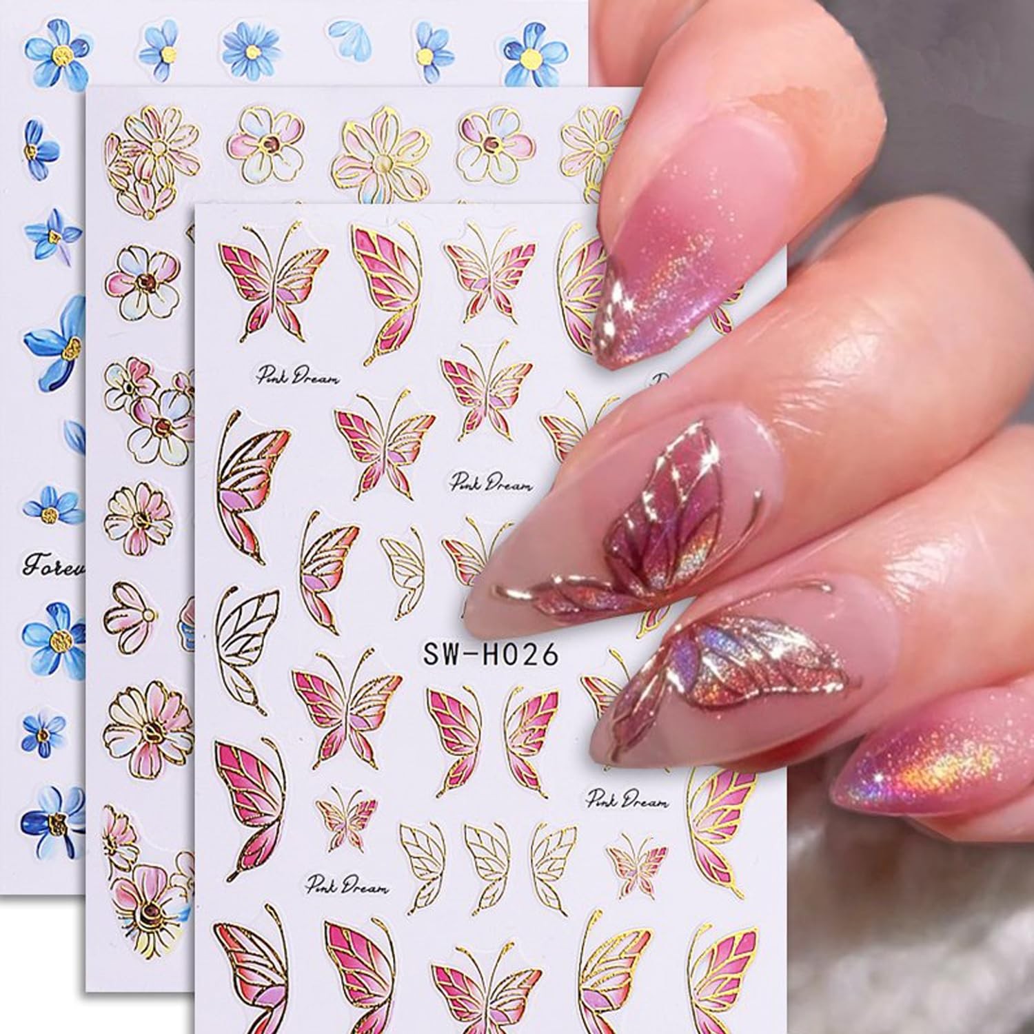 Spring Nail Art Stickers,Summer Flower Butterfly Nail Sticker Golden Edge Flo…
