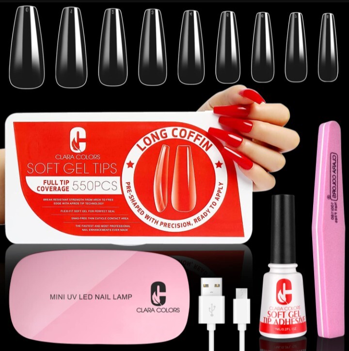 4 in 1 Long Coffin Nail Tips + Glue Kit 550Pcs Soft Gel Adhesive & UV Lamp Clara