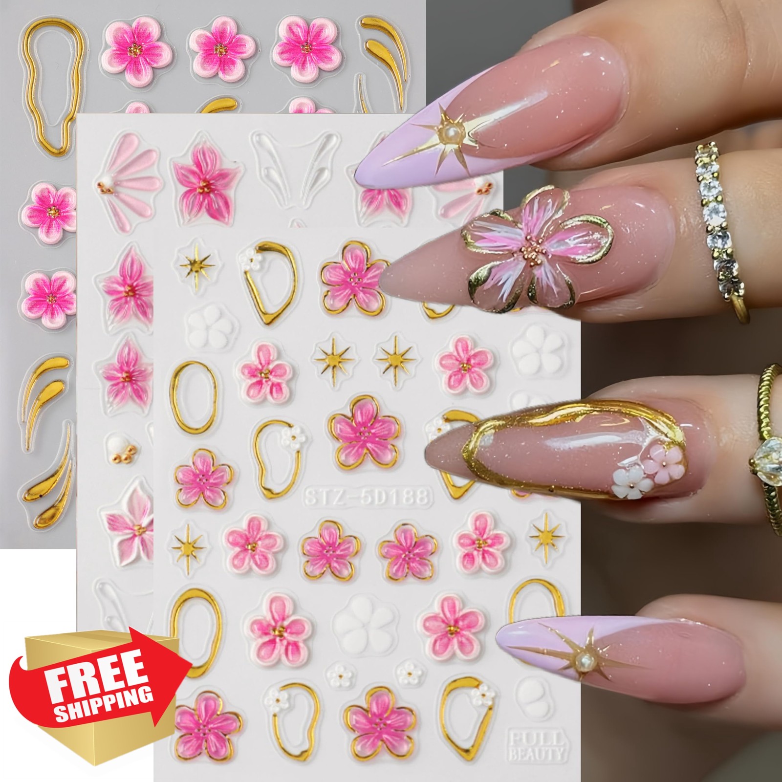 Aoustratum 3pk Flower Nail Art Stickers Hibiscus Gold Coil