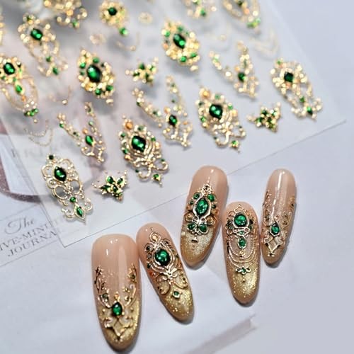 Gold Nail Art Stickers 5D Embossed Green Gem Nail Stickers Luxury Self Style-31