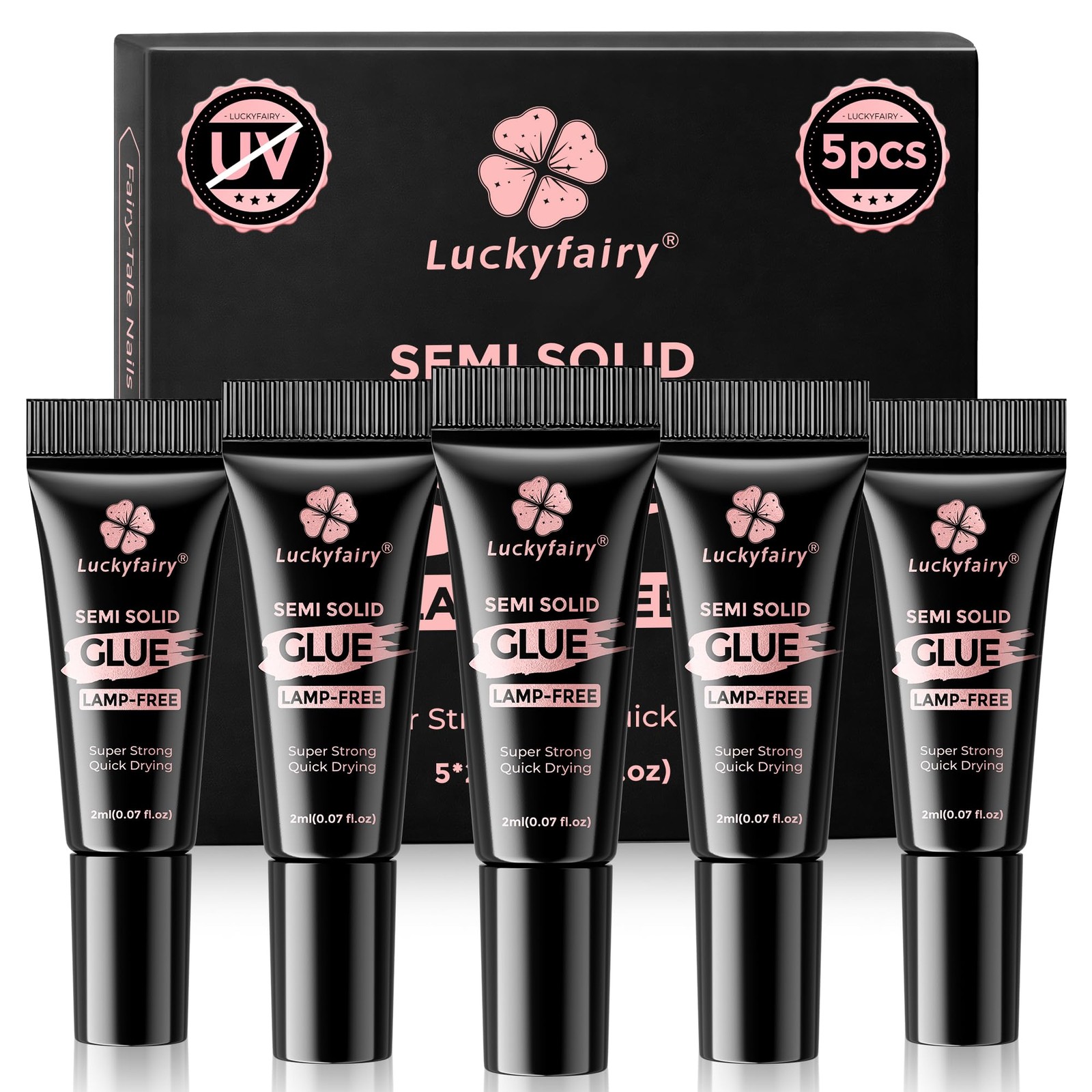 Luckyfairy 5pcs Super Strong Nail Glue for Press On Nails, Fast-Drying Black