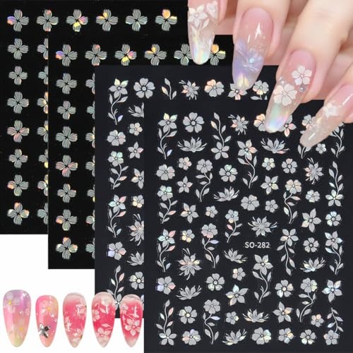 White Flower Nail Stickers – 3D Self-Adhesive Shiny Crystal Floral Pearly White
