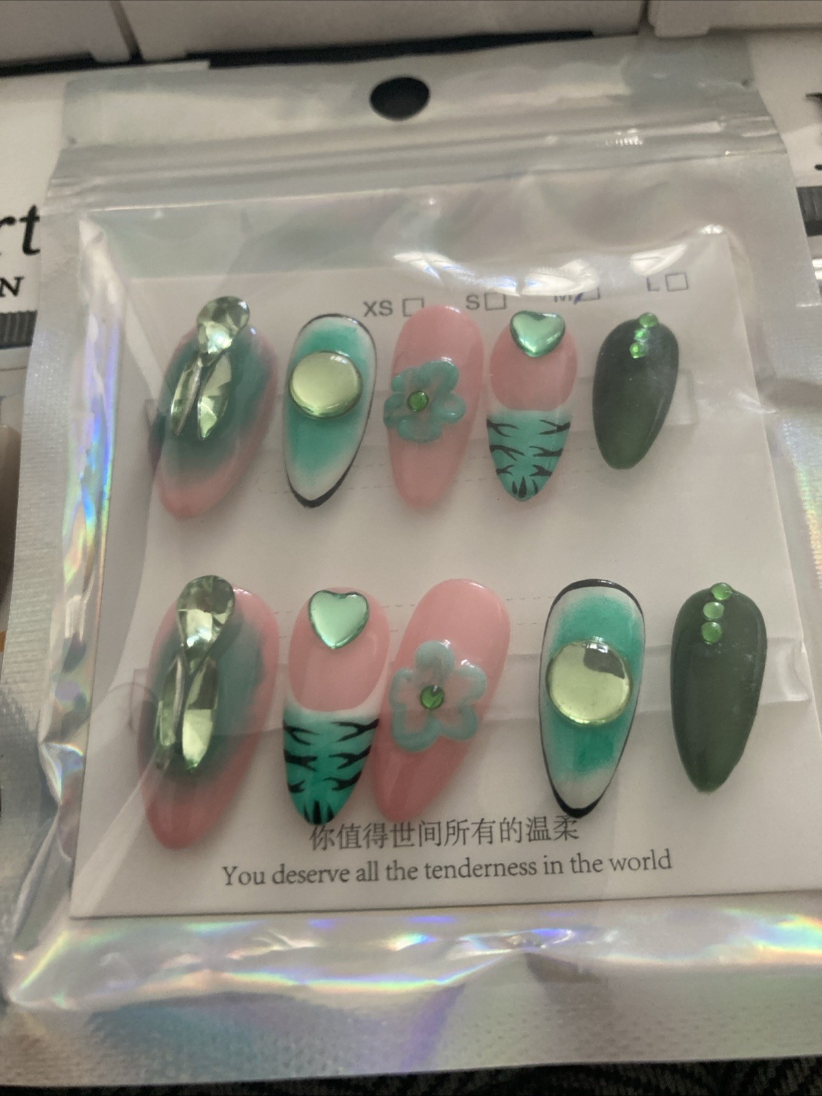 Lot of 10 Packs Glue On Nails Size M Rhinestone 3D Bling False Nail Art Long New