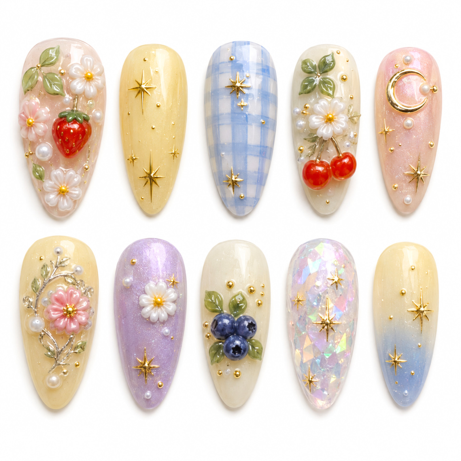 Handmade 3D Fruit Floral Press On Nails Celestial Pastel Set