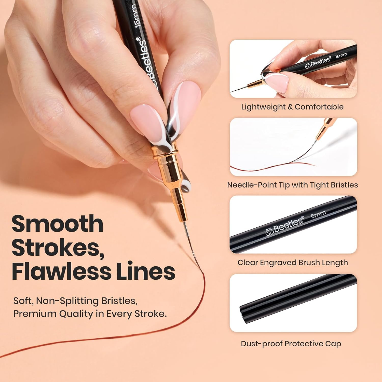 Beetles Liner Brushes for Nails 5Pcs – Metallic Nail Art Brushes Black Nail Art
