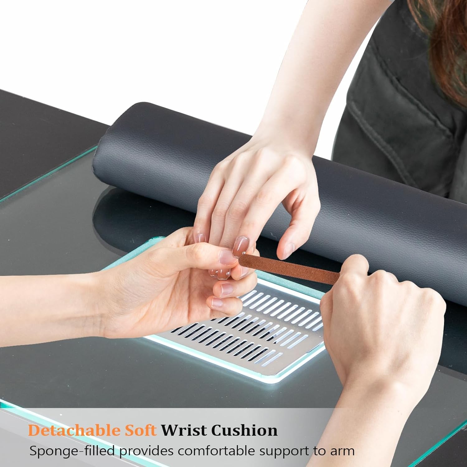 Ergonomic Manicure Table: Glass Top, Wrist Rest, Dust Vacuum, 2 Cabinets Black