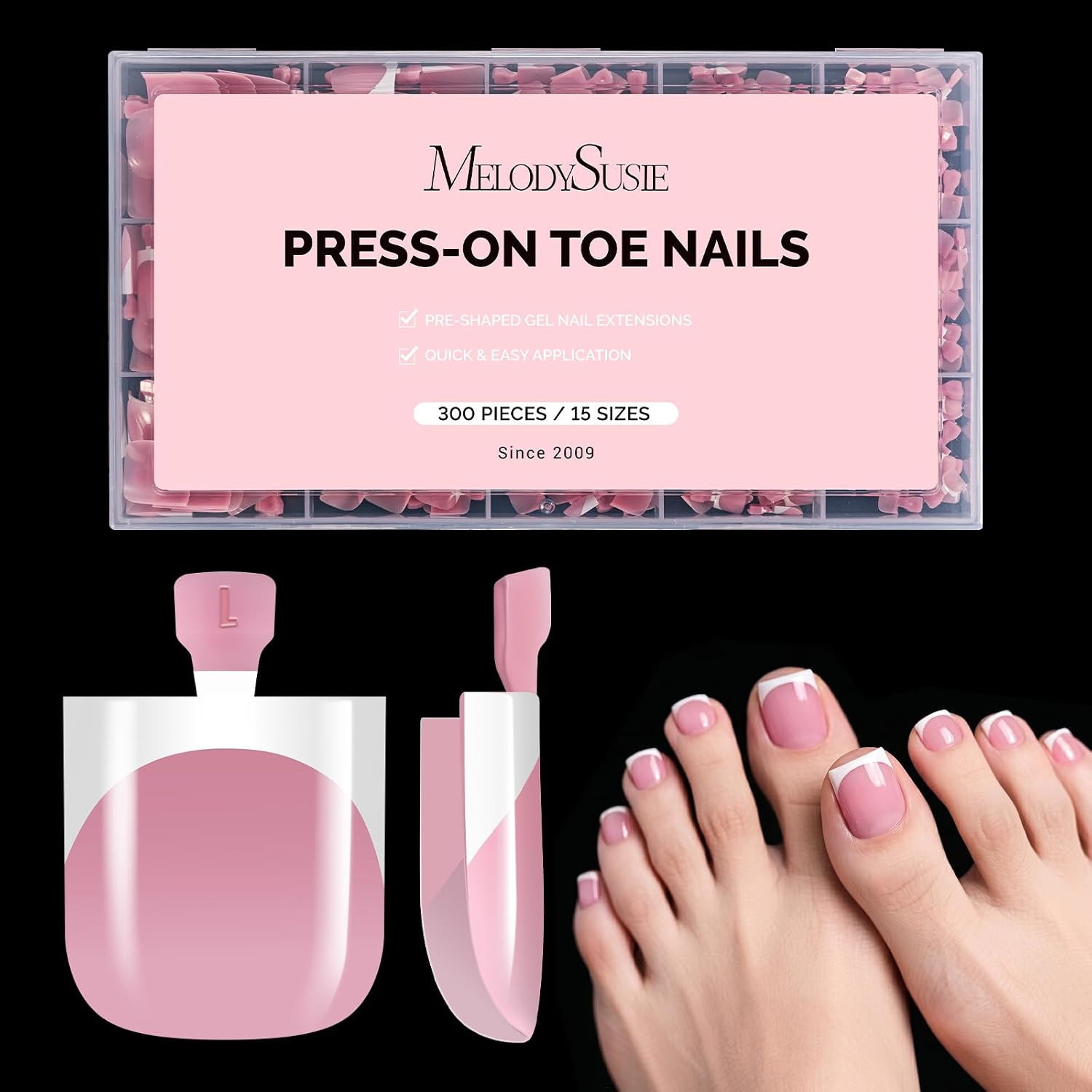 French Tips Square Press on Toenails,300Pcs 15 Sizes | Pre-Designed High Gloss X