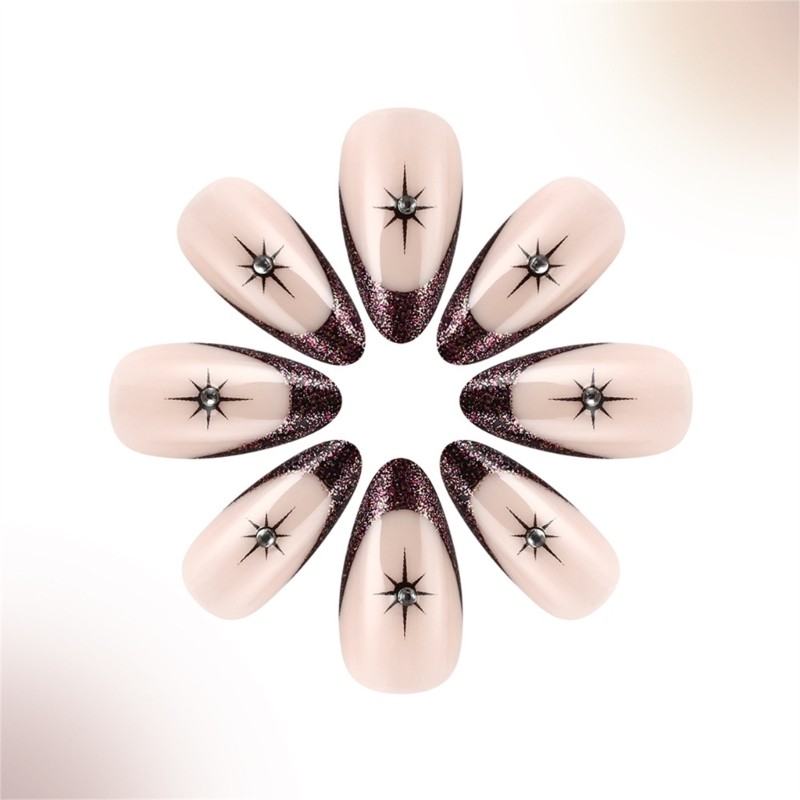 24 Pieces Short Length Almond Press On Nail Glitters Star Designs French Tip