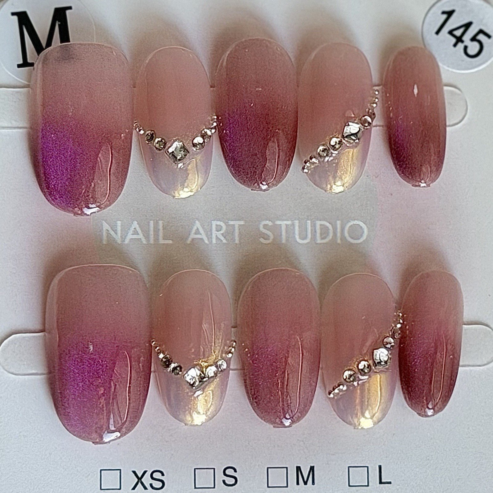 Handmade Pink OmbrePress-On Nails with Rhinestone Reusable Fake Nail Short Oval
