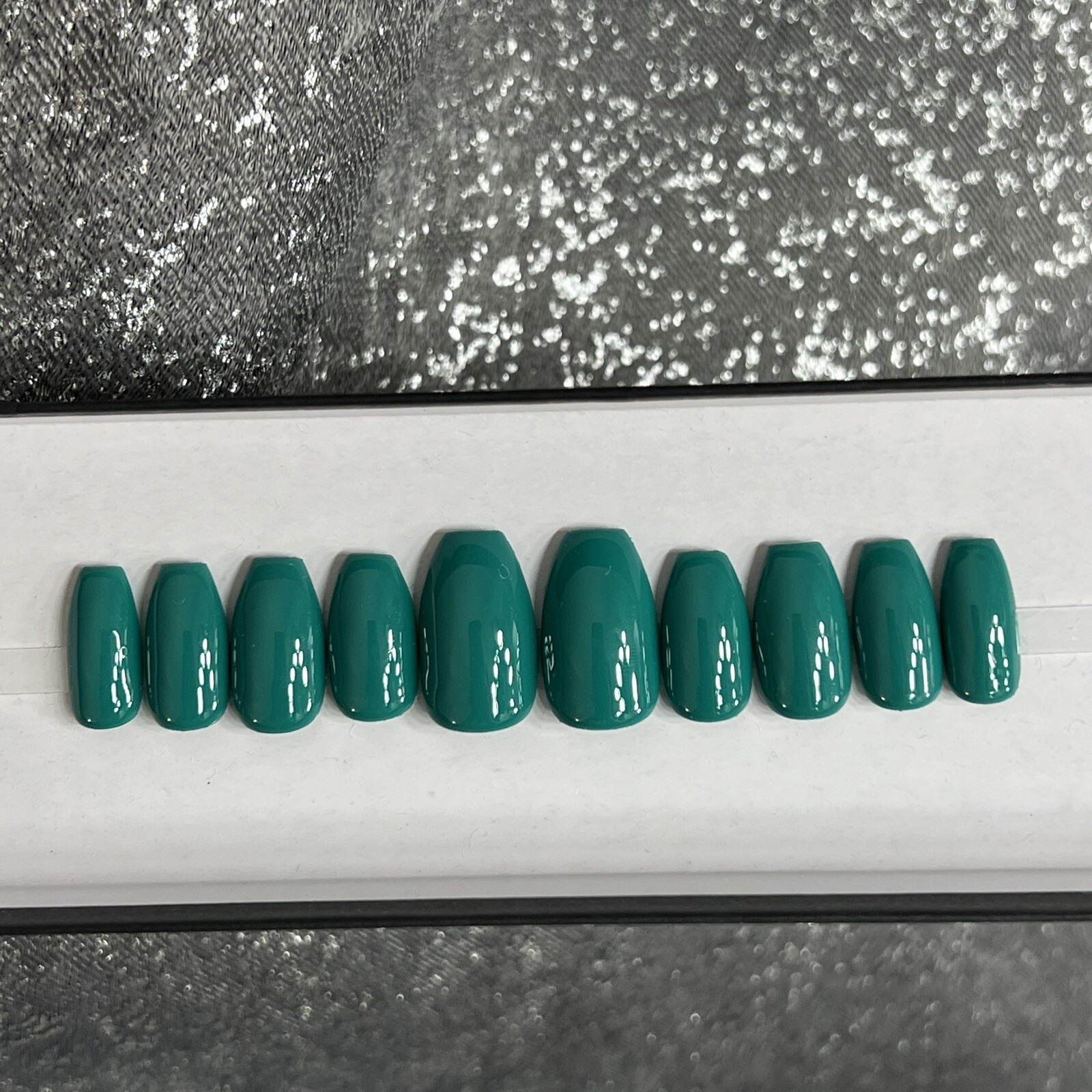 🔥 CUSTOM Gel Press On Nails, ￼ ￼Blue Green, Ballerina short, 10p Set W FULL KIT