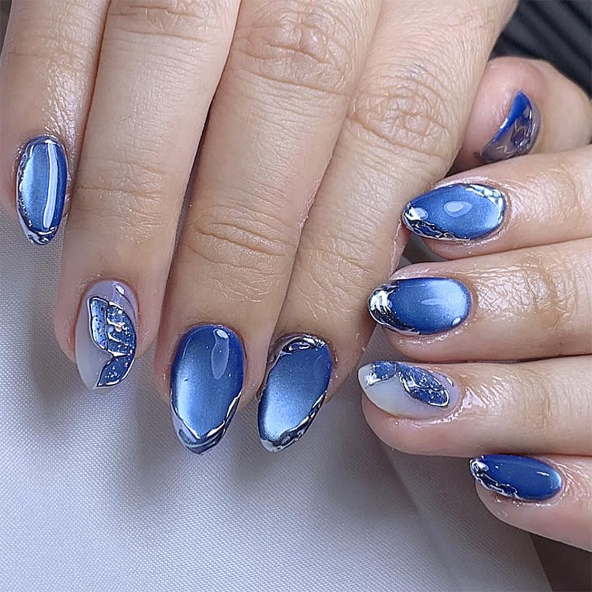 Royal Blue Cat Eyes Press on Nails Short Almond Fake Nails Press ons with But…