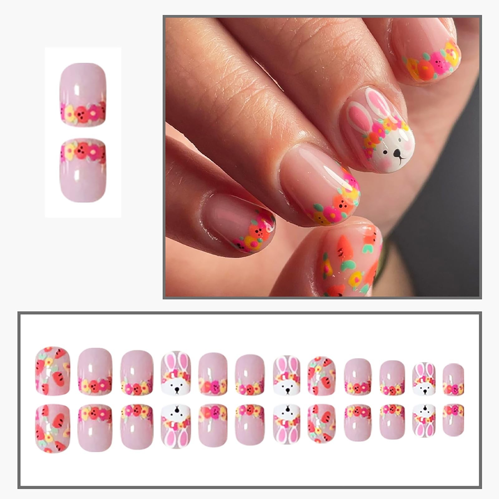 Easter Press on Nails Short Square Fake Nails Cute Bunny & Carrot Design Fals…