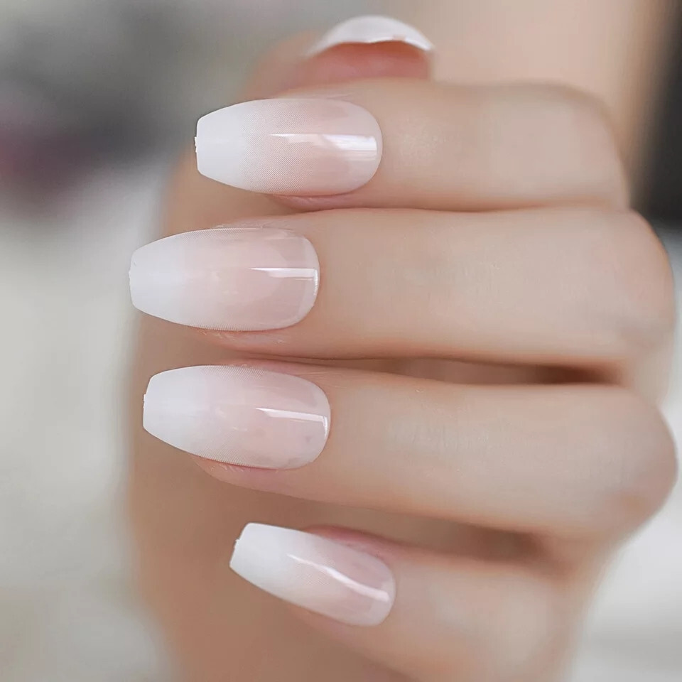Ombre French Tip Gradient Medium Press On Nails With Glue coffin