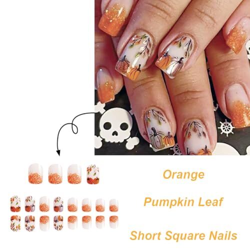 Fall Press on Nails Short Square Fake Nails Glitter Thanksgiving Nails Design-4